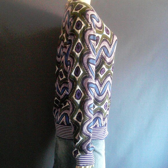 Tory Burch Cotton Olive Blue Ikat Cardigan M - Picture 3 of 8